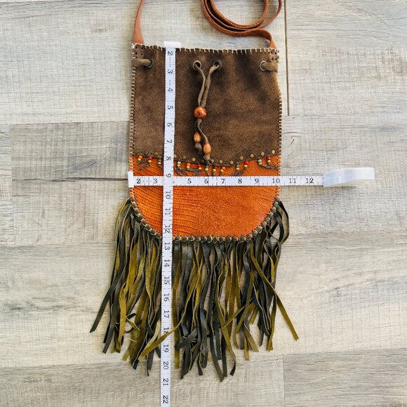 Handmade Leather Patchwork Crossbody Shoulder Bag with Fringe and Beading - Picture 14 of 15